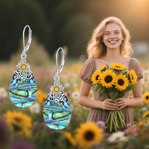 POPLYKE Dragonfly Butterfly Hummingbird Sunflower Earrings 925 Sterling Silver Abalone Shell Moonstone Leverback Earrings Jewelry - style: Sunflower