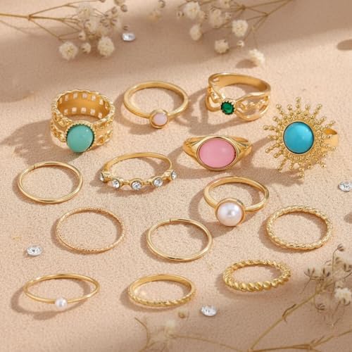 Chunky Gold Rings for Women Non Tarnish, Baroque Pearl Flower Tiger's Eye Stone Rings Adjustable Stacking Statement Rings Set Fashion Jewelry Gifts - style: Turquoise/Pearl/Green/Pink