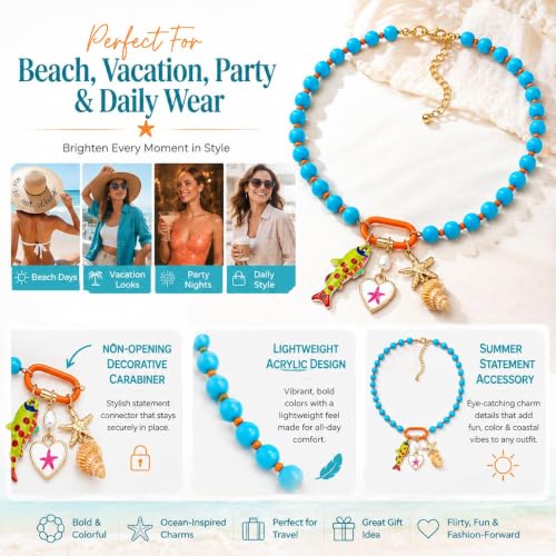 LIU JUN Colorful Beaded Necklace for Women, Chunky Boho Fish Starfish Conch Pendant Acrylic Bead Necklaces Cute Y2K Summer Beach Jewelry Gifts - color: Fish+White Heart