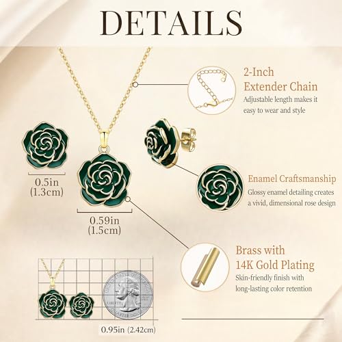 Enamel Rose Necklace and Earrings Jewelry Set for Women | 14K Gold Plated,Rose Represent: Love Gratitude Prid,Adjustable Chain Fit,Elegant Sets for Daily and Party Wear,Gift Box - color: Green