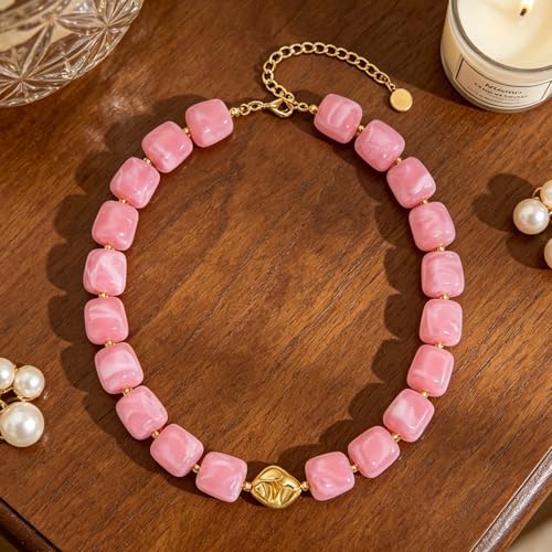 Dopamine Necklace UV Reactive Colorful Rainbow Beaded Necklace Dopamine Jewelry Set Color Changing Mood Necklaces Bracelet Earrings Summer Beach Vacation Gift for Women - color: A13:pink beads