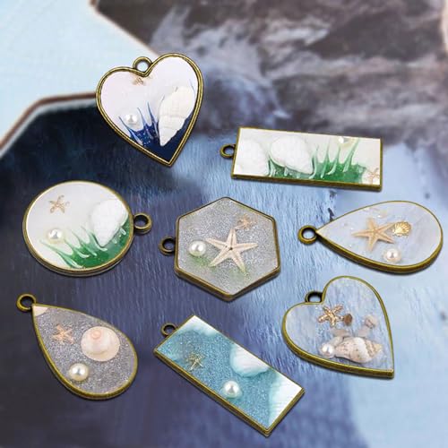 50pcs Open Bezels for Resin,5 Styles Hollow Frame Pendants Resin Casting Frame Pendant Resins Jewelry Making Supplies for Resins Casting,Necklace,Earrings,Pressed Flower,DIY Crafts(Ancient Cyan) - color: 50pcs;Ancient Cyan;5 Styles