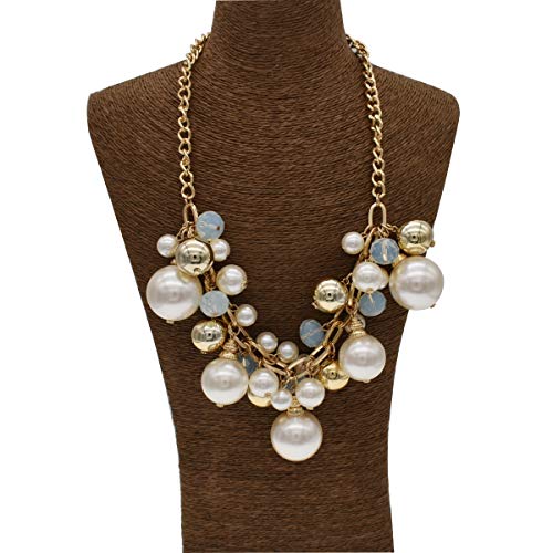 utop JNF Hand made Pearl Statement Necklace for Women Rhinestone Multilayer Crystal Necklaces Chunky Pearl Necklace Large Pearl Necklace and Earrings Set for Mother Mom's gift - color: chain pearl necklace