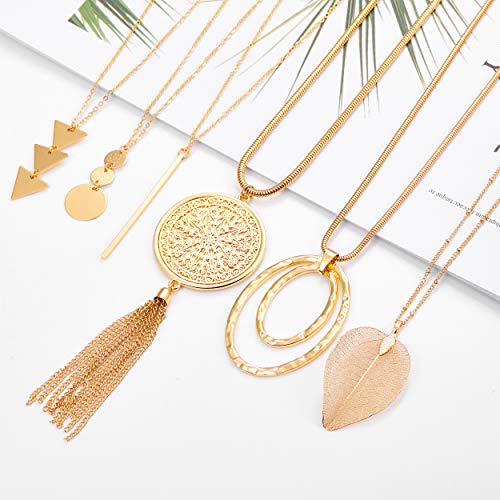 Fesciory 6 PCS Long Pendant Necklace for Women, Gold Bar Circle Leaf Triangle Tassel Y Necklace Set | Gold Plated Bar, Circle, Leaf, Triangle and Disc Pendant, Adjustable Fit, Long Necklace Jewelry Gifts for Loves - color: Set 1