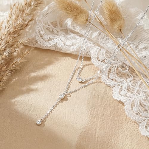 14K Gold Plated Layered Lariat Necklace for Women - Waterproof Non-Tarnish Dainty Gold Chain Necklace, Long Boho Statement Jewelry for Wedding, Prom, Summer Vacation Gifts - color: Layered CZ Y Necklace-Silver