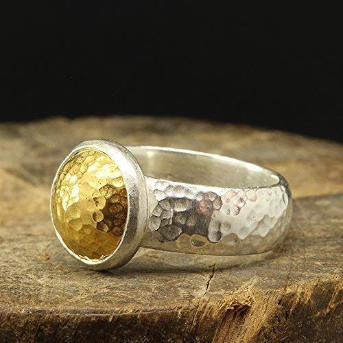Dome Pebble Ring 925 Sterling Silver 24K Gold Vermeil Two-tone Hammered Handcrafted Designer Hand Forged Half Round Band Ring