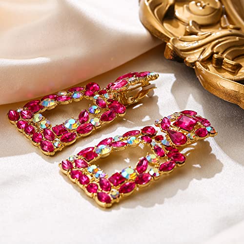 Flyonce Rectangle Clip-on Drop Earrings for Women, Sparkly Rhinestone Crystal Geometric Statement Non Pierced Earring Wedding Prom Party Jewelry for Brides Bridesmaid - color: Hot Pink