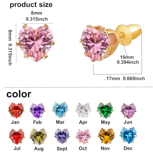 8mm Heart-Cut Birthstone Stud Earrings for Women – 18K Gold Plated Hypoallergenic Cubic Zirconia Earrings, Nickel Free, 12 Months Colors, Everyday Jewelry, Gift for Her, Bridal, Birthday, Christmas - color: 10 Oct pink