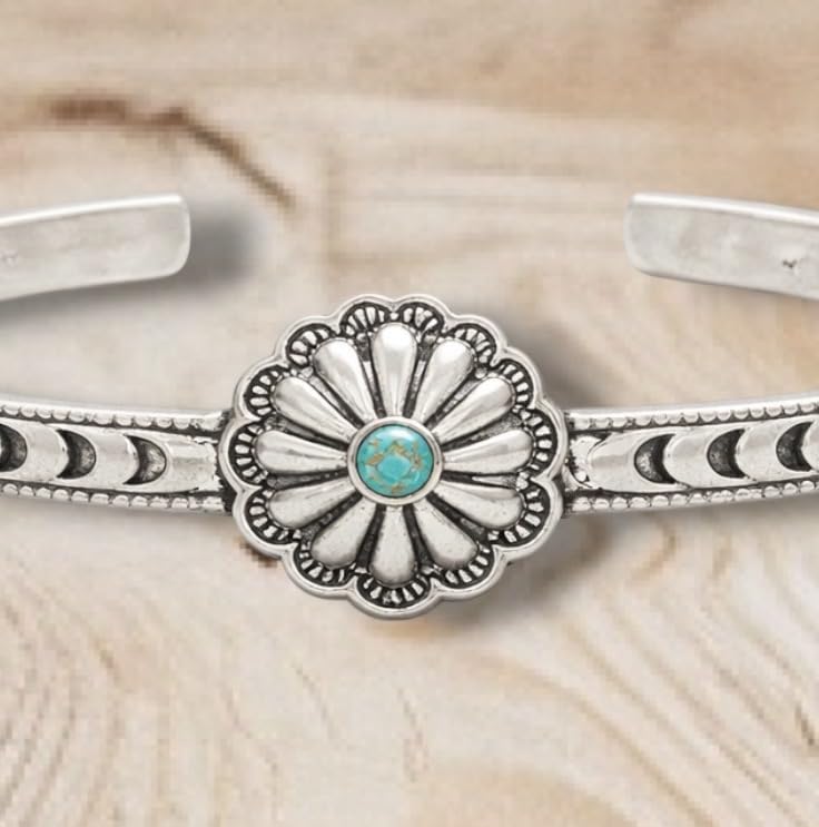Isac Silver-Tone Concho Cuff Bracelet with Turquoise Stone, Floral Engraved, Western Boho Style