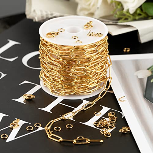 KYUNHOO 5M Gold Plated Stainless Steel Paperclip Chain for Jewelry Making | 12mm Paper Clip Link Chain Spool Embossed Jewelry Chains for Crafts with Lobster Clasps Jump Rings Accessories - color: Embossed Paperclip Gold