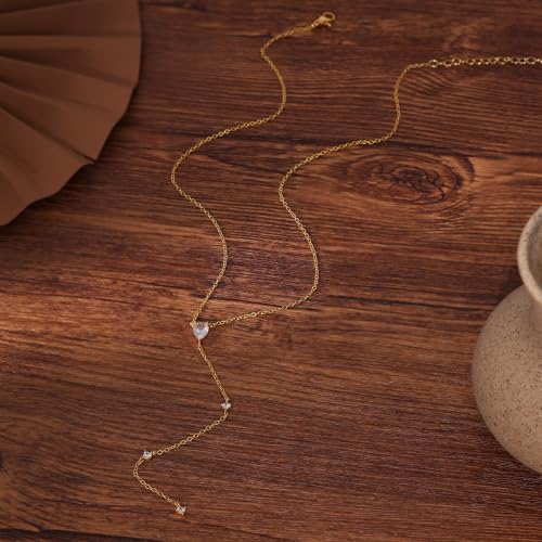 Long Necklaces for Women, Cute 14K Gold Plated CZ Drop Necklace | Dainty Gold Necklace, Simple CZ Teardrop Clover Y Shaped Lariat Necklace,Statement Non Tarnish Necklace, Trendy Gold Jewelry - color: Gold-Drop 1