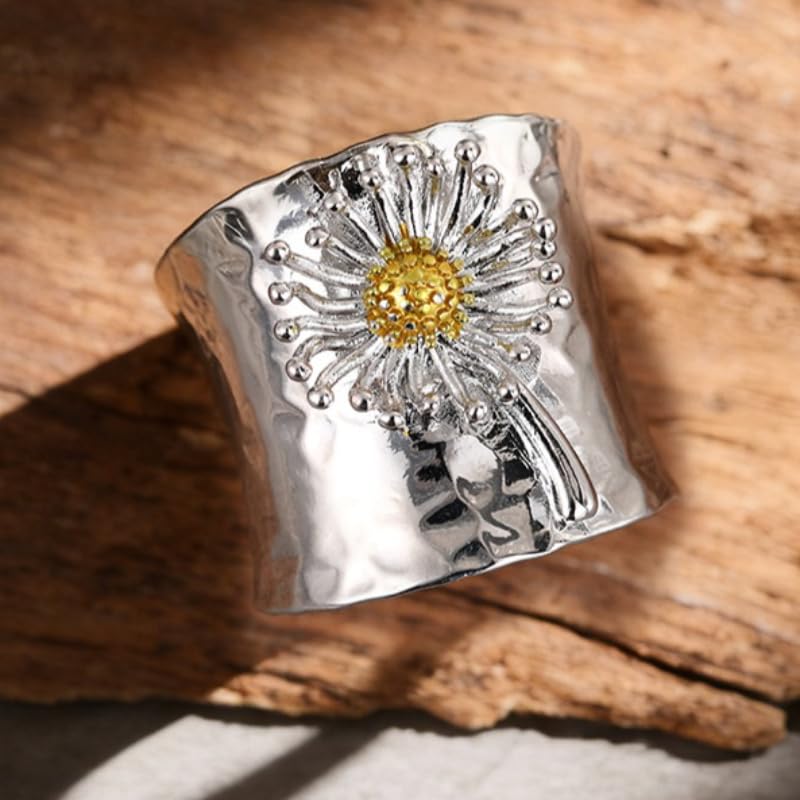 Simple Two Tone Dandelion Wide Bohemian Ring for Women Daily Party Vacation Fashion Jewelry - color: Silver & Gold