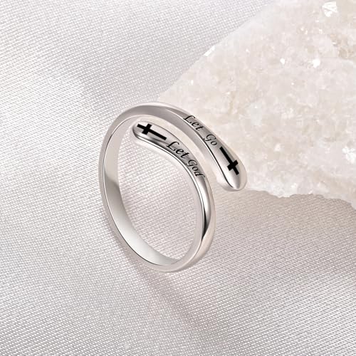 Fookduoduo 925 Sterling Silver Ring Inspirational Jewelry adjustable Wrap Open Rings for Women - style: Let Go Let God