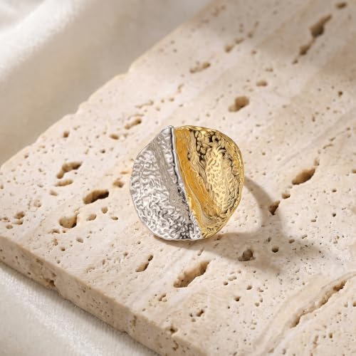 Gold and Silver Statement Ring for Women, Chunky Hammered Mixed Metal Ring, Two Tone Irregular Oval Fashion Ring, Minimalist Bold Jewelry Gift