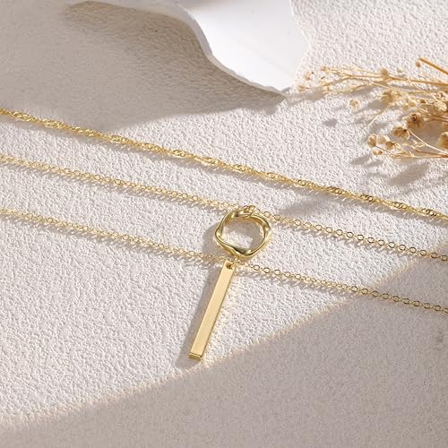 Gold Necklace for Women 14K Gold Plated Layered Cross Bar Necklace Herringbone Figaro Paperclip Flat Chain Cute Charm Accessories Non Tarnish Jewelry Set Gifts for Women - style: R-NK-07-Circle bar-GD