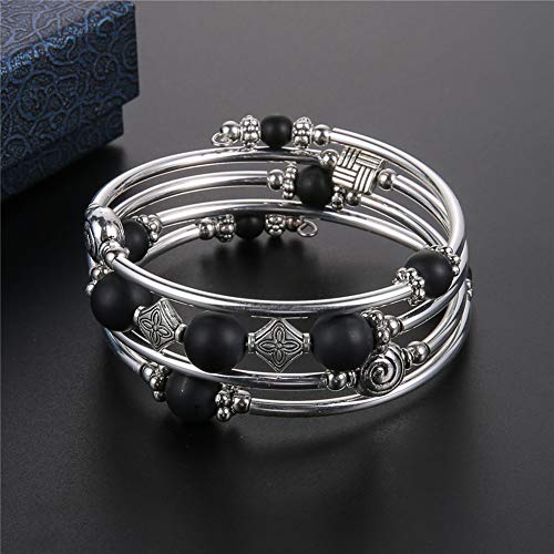 Beaded Pearl Bangle Wrap Bracelet - Fashion Bohemian Jewelry Multilayer Charm Bracelet with Thick Silver Metal Beads, Gift For Women - color: Matte Black