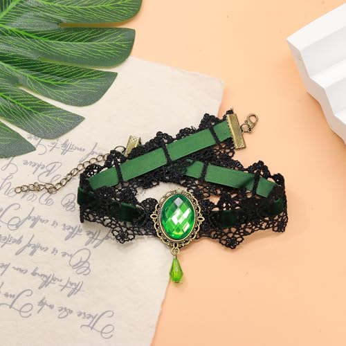 AILUOR Punk Rock Wedding Party Handmade Black Lace Choker, Gothic Retro Lolita Beads Chain Vampire Pendant Necklace for Women Halloween - color: Green