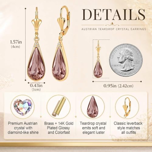 Teardrop Austrian Crystal Leverback Dangle Drop Earrings for Women | 14K Gold Plated,Classic Teardrop Elegance,Leverback for Easy Secure Wear,Gift Box Included, Brighten Up Daily and Party Looks - color: Antique Pink