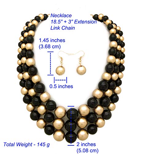 Fashion 21 Women's Faux Pearl Three Multi-Strand Statement Necklace and Earrings Set - color: Black + Gold