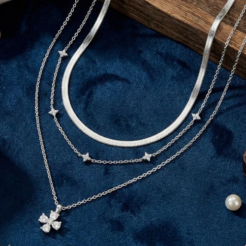 14k Gold Plated Layered Cubic Zirconia Pendant Necklace for Women | Gold Plated Clover Necklaces Stackable Dainty Cubic Zirconia Pendant Necklace,Mother's Day, Thanksgiving Jewelry Trendy gifts - color: silvery, style: Style1