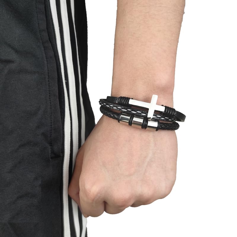 Multi-Layer Braided Leather Bracelets Mens Cross Leather Bracelet Wristband Religious Leather Bracelets Men Customized Gifts for Dad Husband Boyfriend Son - color: silver, size: 8.66