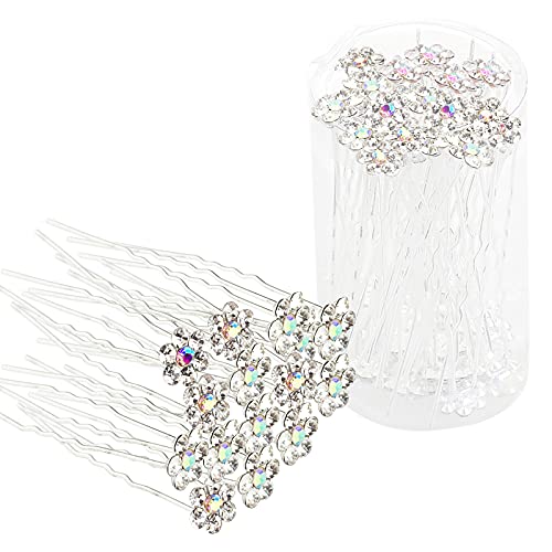 Rhinestone Flower Hair Pins, 40 Pcs U-Shaped Crystal Party Wedding Bridal Hair Accessories for Women Girls (White) - color: White