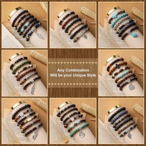 Tondiamo 48 Pcs Punk Wooden Beads Bracelets Gothic Bracelet for Men Adjustable Bulk Vintage Beaded Bracelet Metal Set Wood Bangles Wristbands Commemorative Gift