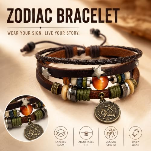Zodiac Bracelet for Men Women, Adjustable Faux Leather Braided Wrap Bracelet with Vintage Astrology Charm, Gift Jewelry - style: Aquarius