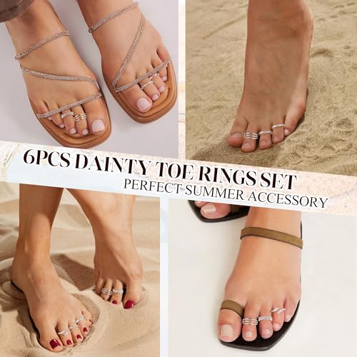 NICEIGHT 6Pcs 14K Gold Filled Toe Rings for Women Non Tarnish Silver Flower Hug Band Toe Rings Simple Adjustable CZ Twist Toe Ring Summer Beach Foot Jewelry for Women - color: Silver B