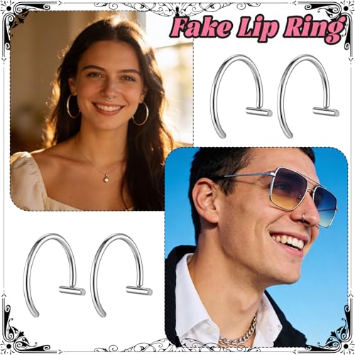 6Pcs Fake Lip Piercing Fake Lip Ring Cuff Stainless Steel Fake Snake Bites Clip on Ear Cuff Cartilage Earring Non Piercing Body Jewelry for Women Men - color: Silver