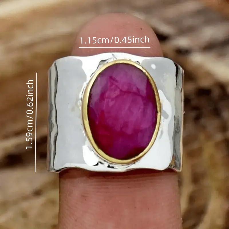 Fashion Oval Pink Synthetic Gemstone Two Tone Wide Ring for Women Party Festival Punk Personality Jewelry - color: silver & gold