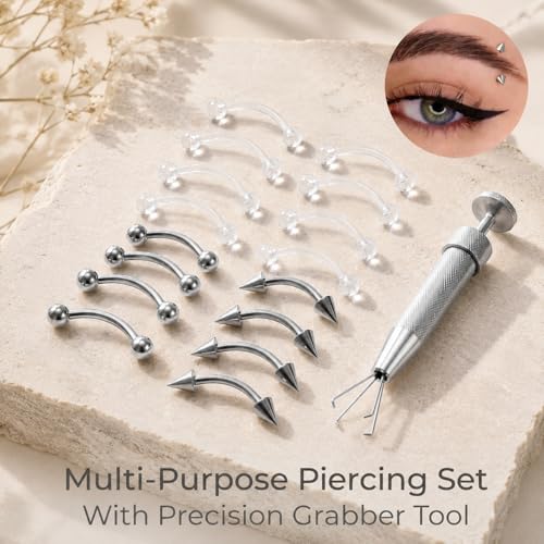 14/16G Eyebrow Piercing Jewelry Set with Tool, Stainless Steel Curved Barbells with Clear Piercing Retainers for Surgery, Ball & Spike Ends, 6/8/10/12mm Eyebrow Rings for Women Men - color: Silver-16pcs-14G