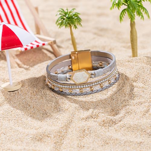 FANCY SHINY Crystal Beaded Leather Wrap Bracelet Stackable Boho Jewelry for Women Resin Stone Bangle Cuff with Magnetic Clasp - color: Silver
