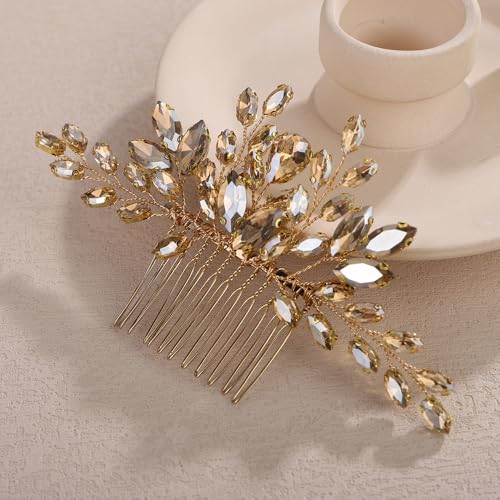 Teyglen Champagne Teardrop Crystal Hair Comb Bride Rhinestone Wedding Hair Comb Bridal Hair Piece Hair Accessories for Women Wedding Headpiece(Champagne) - color: Champagne