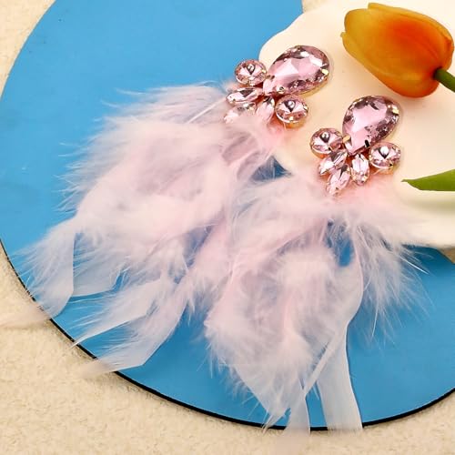 Long Feather Earrings for Women Bohemian Crystal Zirconia Dangle Feather Earrings Crystal Tassel Feather Earrings Wedding Halloween Prom Jewelry - color: Pink
