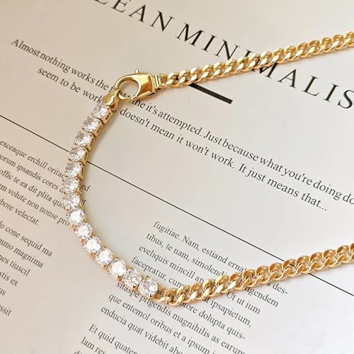 Zeffy 14K Gold/Silver Plated Chunky Thick Chain Toggle Clasp Necklace Dainty Baroque Pearl/Heart/Cross/Turquoise Pendant Necklace - color: Gold Diamond Cuban Link