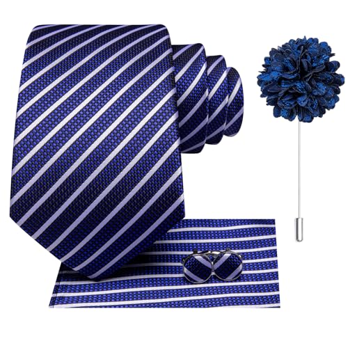 Hi-Tie Men's Silk Ties Formal Woven Classic Necktie Pocket Square Cufflinks Lapel Pin Set Wedding Business - color: A Royal Blue and White