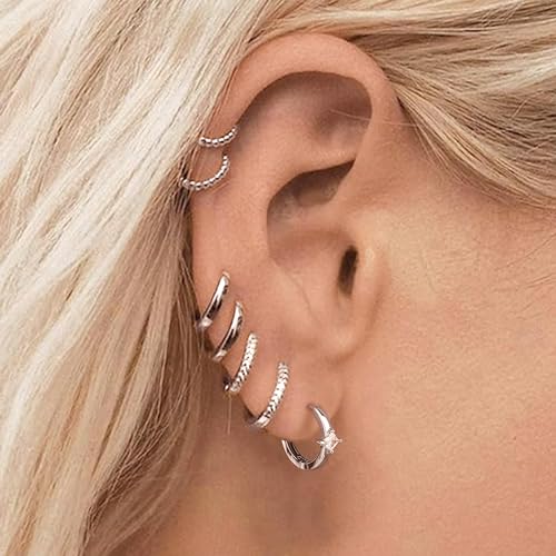 micuco 3 Pairs Small Gold Hoop Huggie Earrings Set for Women Men Tendy | 14K Gold Plated Small Huggie Hoop Earrings for Men, Tiny Cartilage Hypoallergenic Earring Set - style: N# SCZ Silver 8-10-12mm