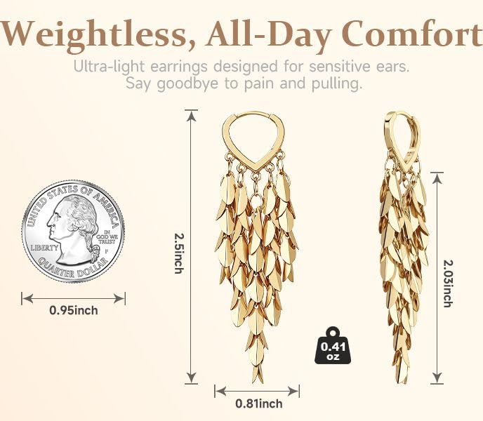 Sylph 14K 18K Gold Plated Chandelier Earrings for Women, Long Tassel Earring Huggie, Silver Leaf Dangle Drop Earrings, Dainty Bohemian Jewelry Gifts for Wedding Everyday Wear - color: A-14K Gold Plated Chandelier Earrings