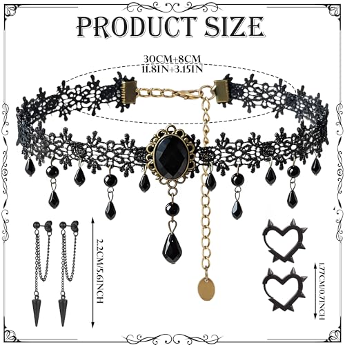 MOSTORY Gothic Accessories for Women, 3 Pcs Blakc Beaded Lace Choker Necklace Dangle Earrings Spike Heart Hoop Earrings Set for Goth Cosplay Witch Aesthetic Renaissance Renfaire Halloween