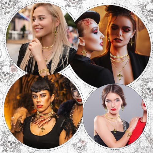 Tondiamo 3 Pcs Gothic Jewelry Set Cross Necklace for Women Goth Earrings Bracelet Layered Y2k Choker Costume Accessory - color: Golden, style: Cross