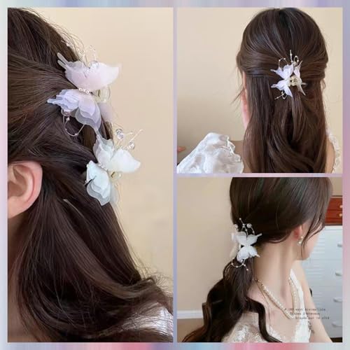 4PCS Butterfly Hair Clips,2" Small Tulle Mesh Butterfly Hair Bows for Girls, Toddlers & Kids- Pearl Decorated hair claw clips,Girls Hair Accessories for Party Birthday Wedding(Pink,White)