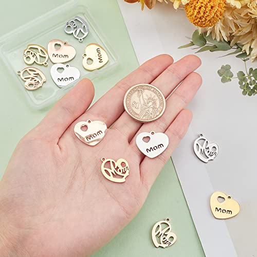 PH PandaHall 12pcs Heart Charms with Mom, 2 Styles Stainless Steel Long-Lasting Metal Heart Charm Beads for DIY Necklace, Bracelet, Earring Craft Valentine, Mother's Day, Thanksgiving - color: 2 Style