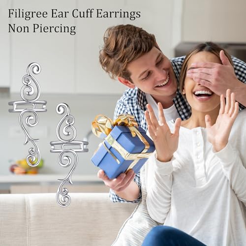 Celtic Knot/Celtic Knot/Bat/Filigree Viking Earrings 925 Sterling Silver Non Piercing Ear Cuff Earrings Cool Earring Cuff for Women Men - color: long filigree
