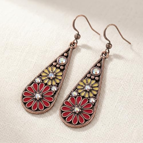Bohemian Crystal Teardrop Dangle Earrings, Copper, Tribal Geometric Design, Handmade National Style for Women - color: Red