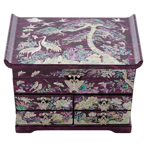 February Mountain Mother of Pearl Jewelry Box – Elegant Korean Jewelry Organizer with Velvet Lining, Unique Christmas Gift for Women, Mom, and Grandma, Decorative Keepsake Box for Rings and Treasures - style: Crane and Pine Tree - Purple