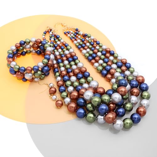 JNF Large Faux Pearl Necklaces for Women Multi strand Pearl Necklace Bracelet and Earrings Set 1920s Costume Pearls Necklace Jewelry Accessories - color: dark multi Color