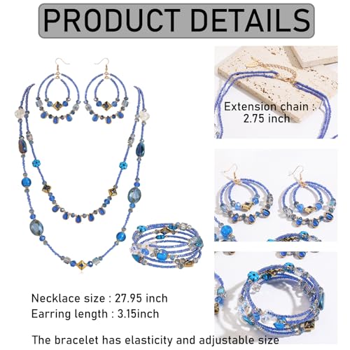 Bocar Bohemian Handmade Beaded Jewelry Set for Women 3 Pcs Layered Necklace Hoop Earrings Wrap Bracelet Set Boho Summer Vacation Jewelry Gift (NK-10834) - color: Blue