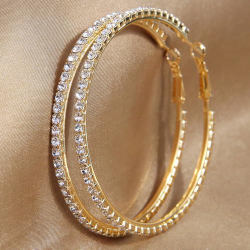 80mm Rhinestone Hoop Earrings for Women Sparkly Earrings Cubic Zirconia Circle Earring Exaggerated Prom Earring Large Rhinestones Round Hoop Earrings Silver Prom Jewelry for Party Wedding Birthday - color: Gold