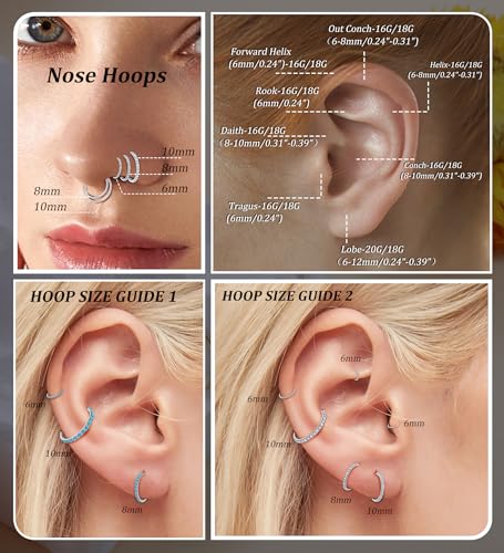 3pcs Nose Rings Hoops - 316L Surgical Steel Nose Hoops 16G/18G/20G CZ Opal Turquoise Clicker Septum Nose Ring Lip Helix Cartilage Hoop Earring Daith Rook Conch Body Piercing Jewelry for Women Men 6mm 8mm 10mm - color: Silver, size: 16 gauge(1.2mm)-10mm